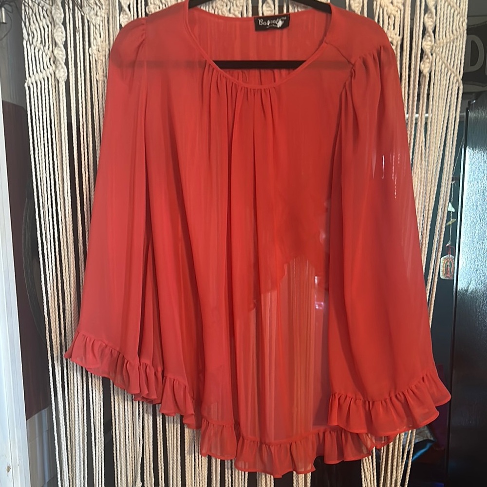 Sheer Red Blouse with Ruffle Details